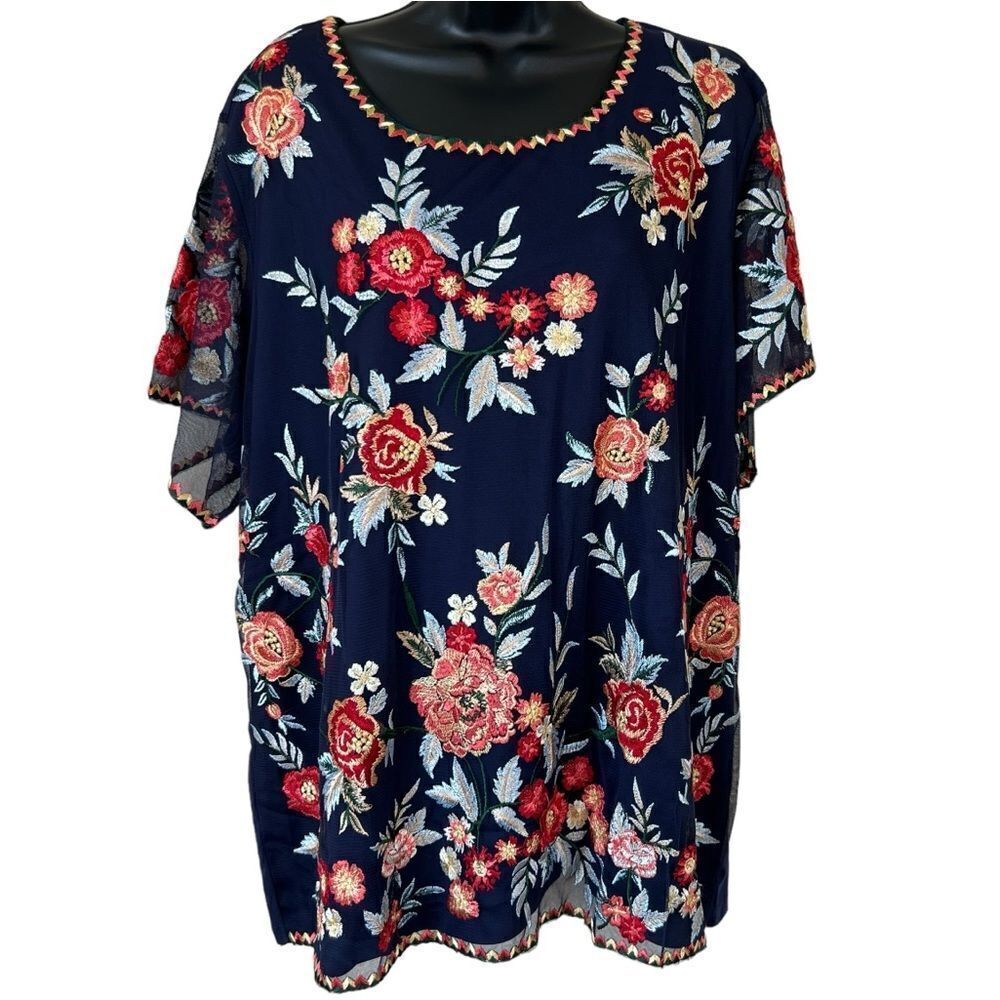 Tolani Collection Mesh Embroidered Blouse in Navy